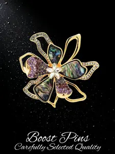 Gold Tone Abalone Shell Flower Brooch for Women, Purple Crystal & Clear Rhinestone Openwork Lapel Pin, Alloy Statement Brooch, Fashion Jewelry for Coat Scarf, Birthday Gift for Her
