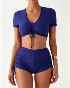 Navy Blue Short Sleeve Drawstring Bikini Set High Waisted Ruched Swimwear for Women 2 Piece Bathing Suit, High Waisted Shorts