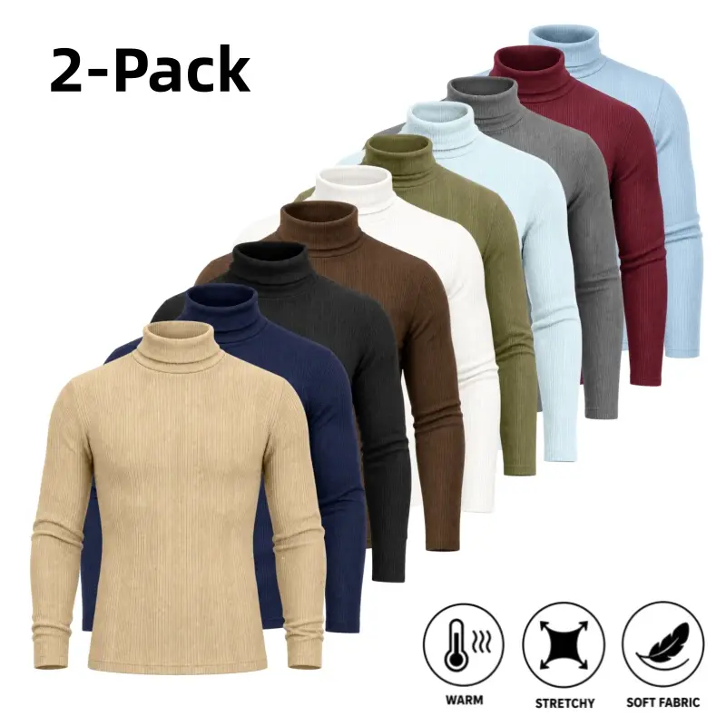 2-Pack Men's Turtleneck Long Sleeve Shirts, Soft Stretch Ribbed High Neck Slim Fit Basic Layering Tops for Fall, Winter, Casual & Business Wear