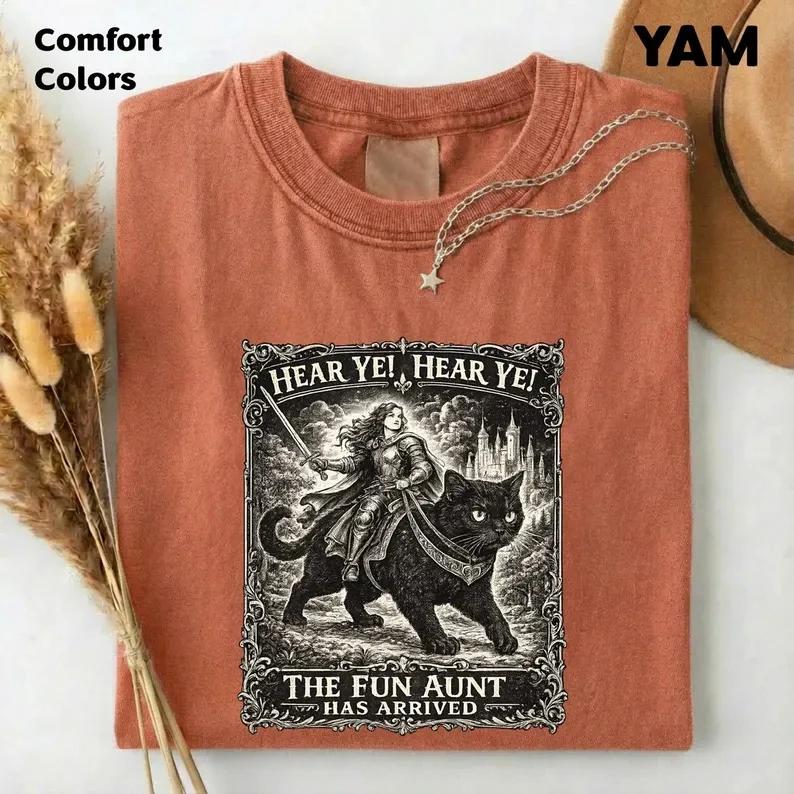 Women’s Comfort Colors Crew Neck Cotton Graphic T-Shirt – Fun Aunt Knight Riding Black Cat Design, Casual Street Fitted Style, Foldable Hang Compatible