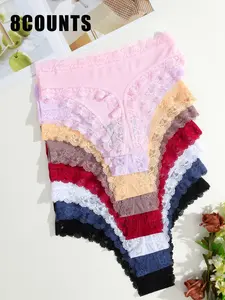 Women's Underwear Set, Chic Elastic Ribbed Lace Trim S-Xxl, Elegant Striped Design, All Season Comfortable Fit, Plain Pattern, Soft Breathable Panties
