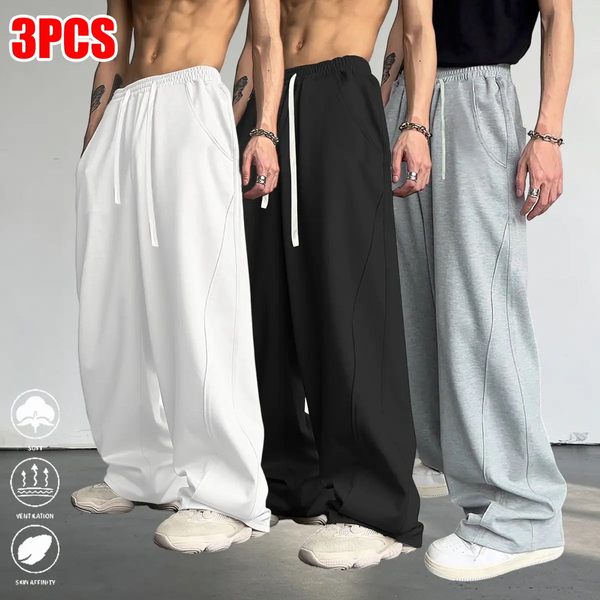 3pcs of Men'S Casual Pants, Long Trousers with a Smooth And Flowing Feel, Wide Leg Style, Suitable for All Seasons, Breathable And Comfortable, Ideal for Vacations, Outdoor Activities, And Everyday Casual Wear