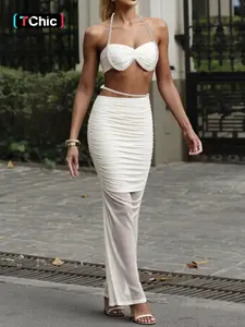 Women's Solid Slim Fit Skirt 2 Piecs Set, Pearl Decorated Sexy Crop Tank Top + Low Waist Bodycon Long Skirt, Street Casual Fashion Lady Clothing for Spring Summer New