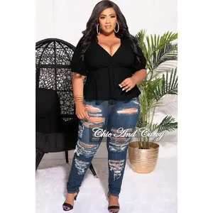 Final Sale Plus Size Techno Crepe  Peplum Top with 3/4 Sleeves in Black