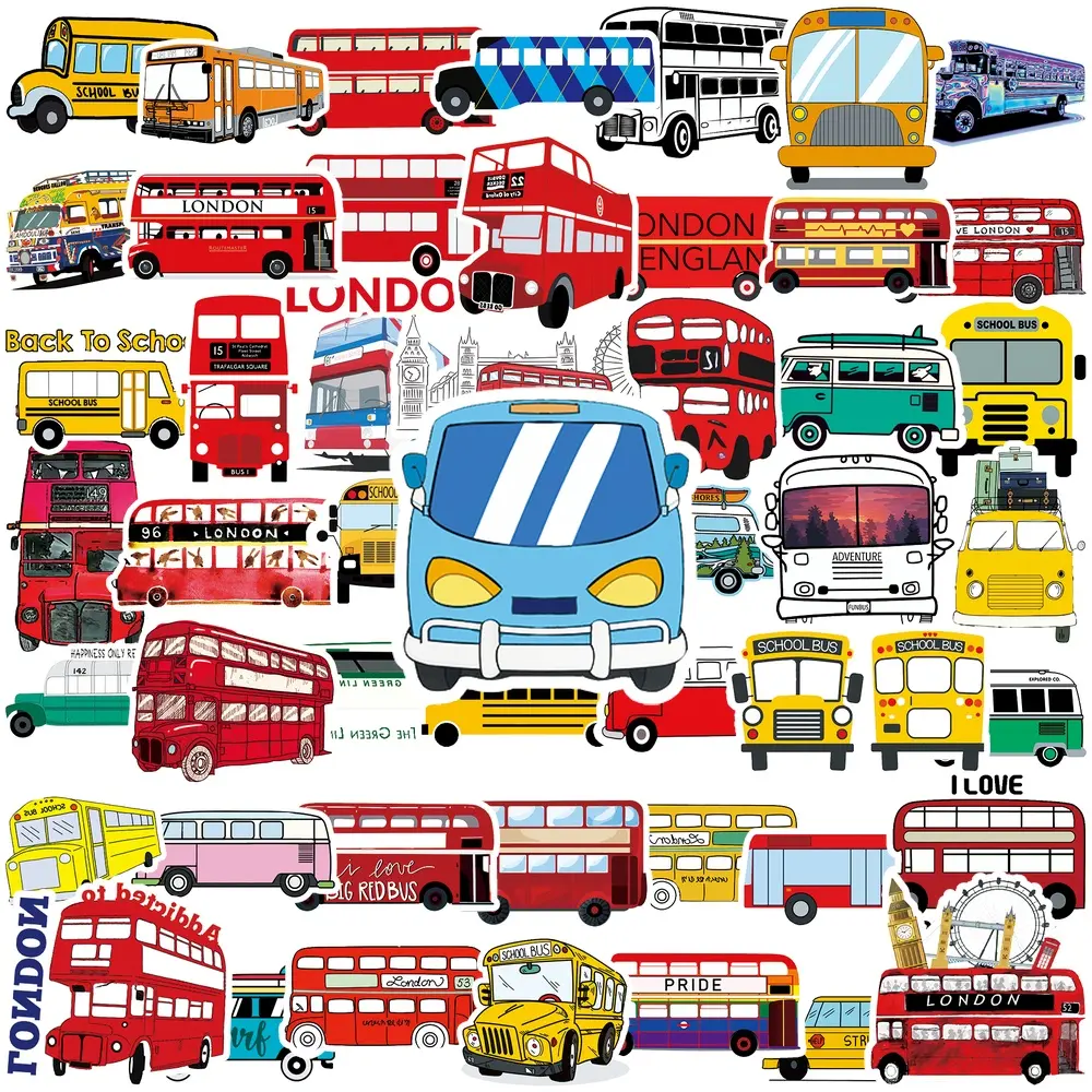 50Pcs Bus Cartoon Vinyl Stickers, London Double‑Decker & School Bus Decals, Waterproof Aesthetic Sticker Pack for Car Window Dashboard, Helmet, Laptop, Water Bottle, Skateboard, Luggage, Journal, Phone Case, Kids Teens Fun Bus Theme Decor