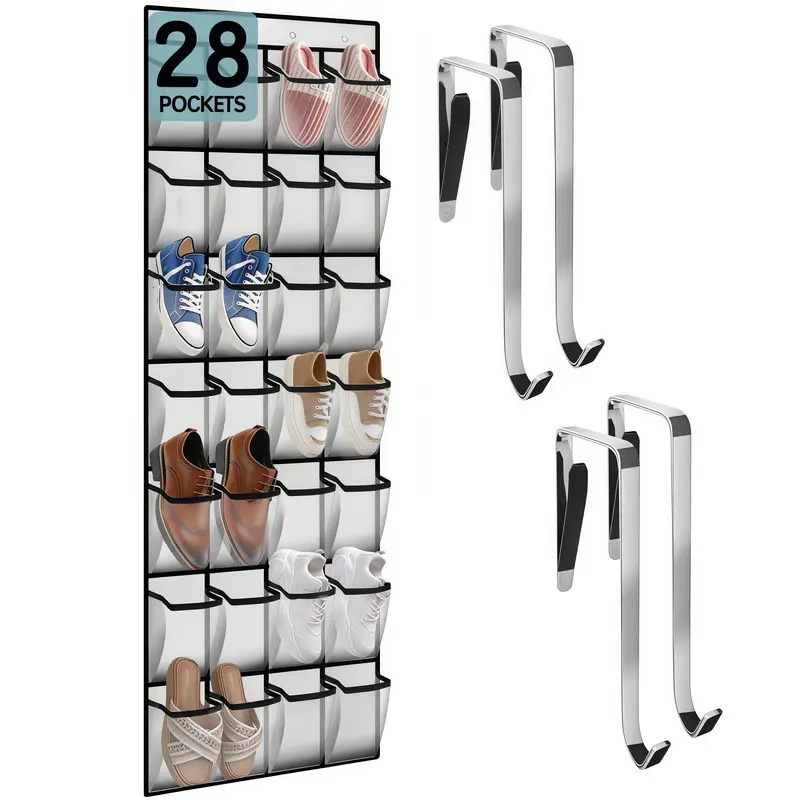 LMMAKE 1PC Over-The-Door Mount Shoe Storage Organizer Racks - 28 Large Dustproof Pockets Holder with 4 Hooks, Multifunctional for Women’s Wardrobe, Space-Saving, Easy Installation, Organizing Footwear Clean & Dry