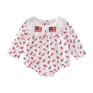 Infant Baby Girl 4th of July Romper American Flag Print Long Sleeve Patriotic Jumpsuits 0-18 Months