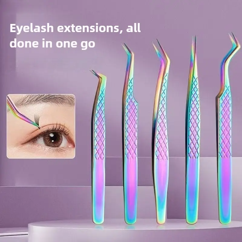 Eyelash Extension Tweezers, 5 Counts/set Stainless Steel Eyelash Tweezers with Non-slip Handle, Professional Makeup Tools for Women, Eyelash Glue Tweezers, Eyelashes Cluster Tweezers, DIY Lash Tools