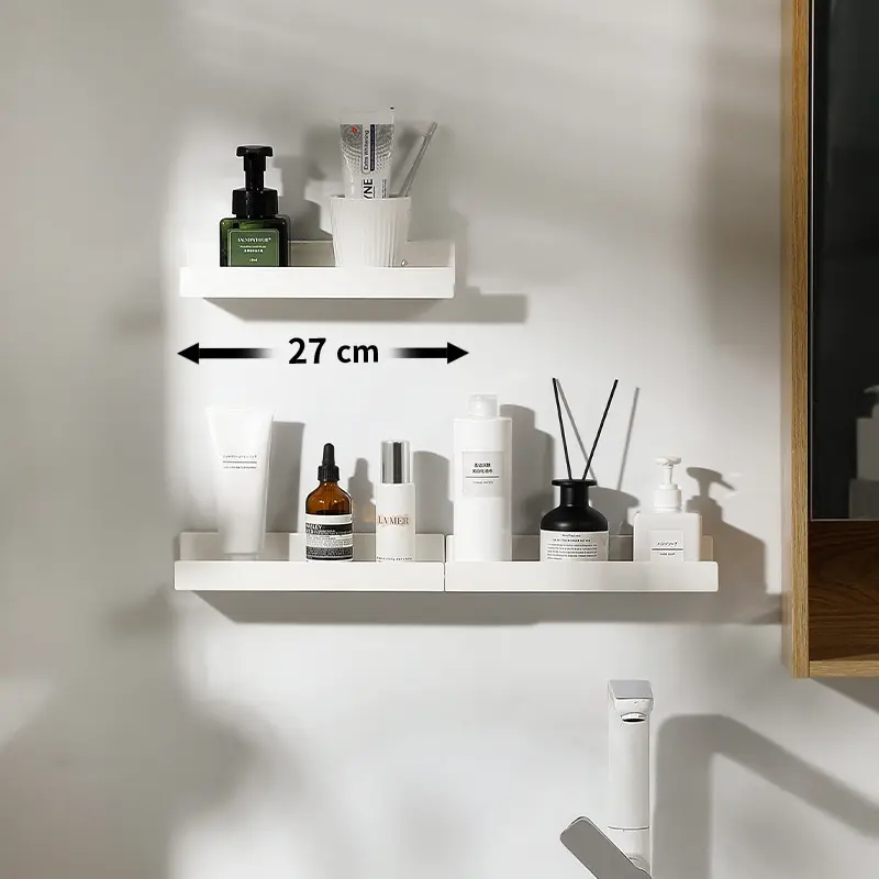 White Scalable Adjustable I-Shaped Plastic Wall Mount Vanity Rack Shelf - No Punching Home Supply for Kitchen/Bathroom Organization of Aromatherapy Items, Tools and Cleaning, Vanity Shelves, 1-Layer