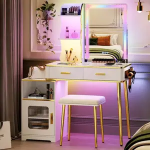 HWB Modern Vanity Desk with Mirror and Lights – Makeup Vanity Set with 3-in-1 Charging Station, Drawers & Shelves