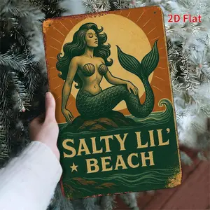 2D flat printing, 1PC, retro mermaid beach ocean-themed poster, front porch living room bedroom home decoration, rural outdoor and indoor metal sign, Vintage Wall Art