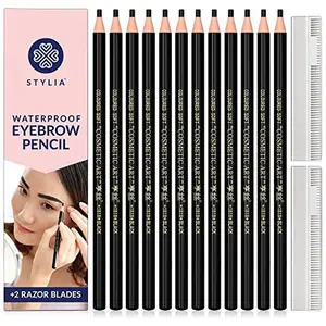 Stylia Eyebrow Pencil Black, Waterproof Eye Brow Pencils for Women Black, Microblading Eyebrow Pencil, Black Eyeliner Pencil, Brow Pencil Set (12PC Black)