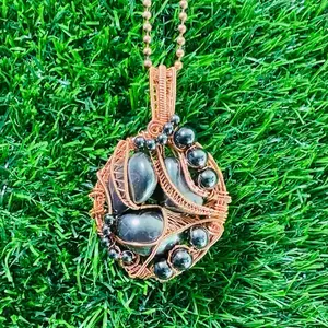 Hematite Healing Crystal Pendant Necklace with Copper Wire Wrap Unique Handcrafted Protection Grounding Stone One of a Kind