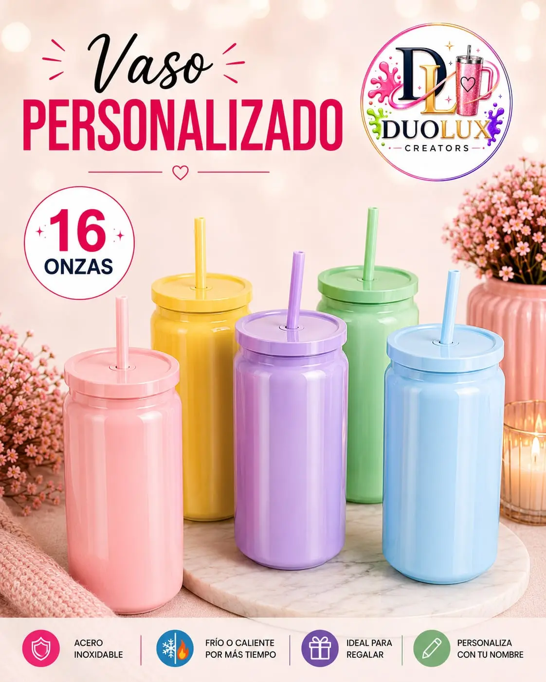 Personalized 16 oz Stainless Steel Tumbler with Straw | Custom Name, Photo or Design | Double Wall Insulated | Reusable Cup