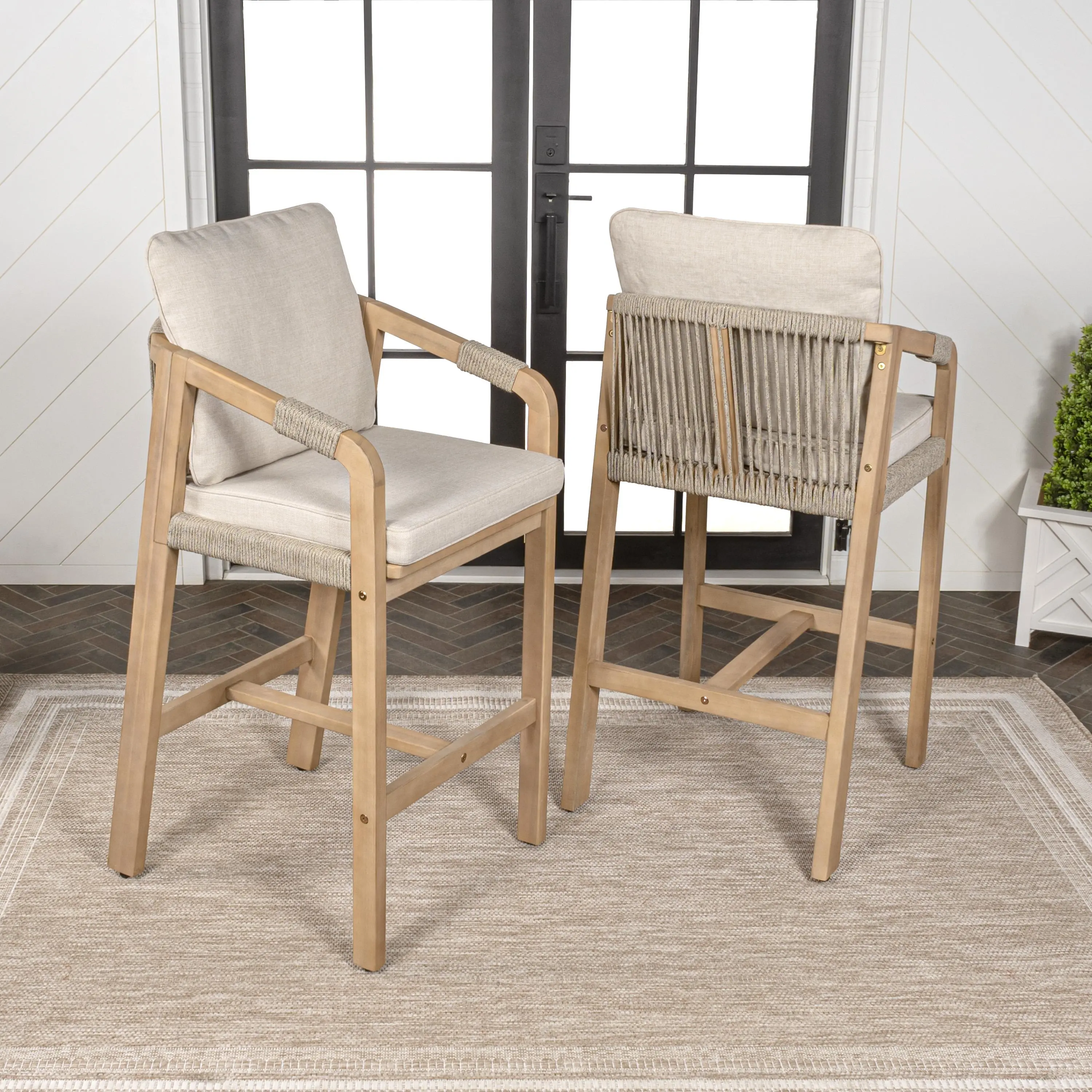 JONATHAN Y Porto Modern Coastal Rustic Roped Acacia Wood Outdoor Bar Stool Set (2 Pcs) with Rope Webbing, Cushions, Armrests, Beige/Light Teak, Assembly Required, Easy Setup