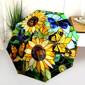 1 PC Automatic Folding Umbrella - Stained Glass Sunflowers Butterflies Pattern, Portable & Foldable Design with 8 Ribs, Merry Christmas Pattern,Casual Outdoor Accessory Halloween and Christmas Birthday Gifts. C0088