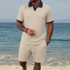 Men's Summer Jacquard Textured 2-Piece Outfit, Short-Sleeve Polo Shirt with Color Block Collar & Cuffs, Casual Drawstring Shorts Set, Breathable & Comfortable, Ideal for Daily Wear, Beach Vacation, Running, Gym and Outdoor Activities.