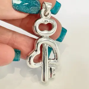 Sterling Silver 925 Heart Key Hollow Lightweight Pendant Charm