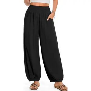 TARSE Womens Linen Wide Leg Harem Pants Casual Loose Elastic Higt Waist Barrel Palazzo Bottoms with Pockets Soft Cozy Vacation Lounge Sweatpants
