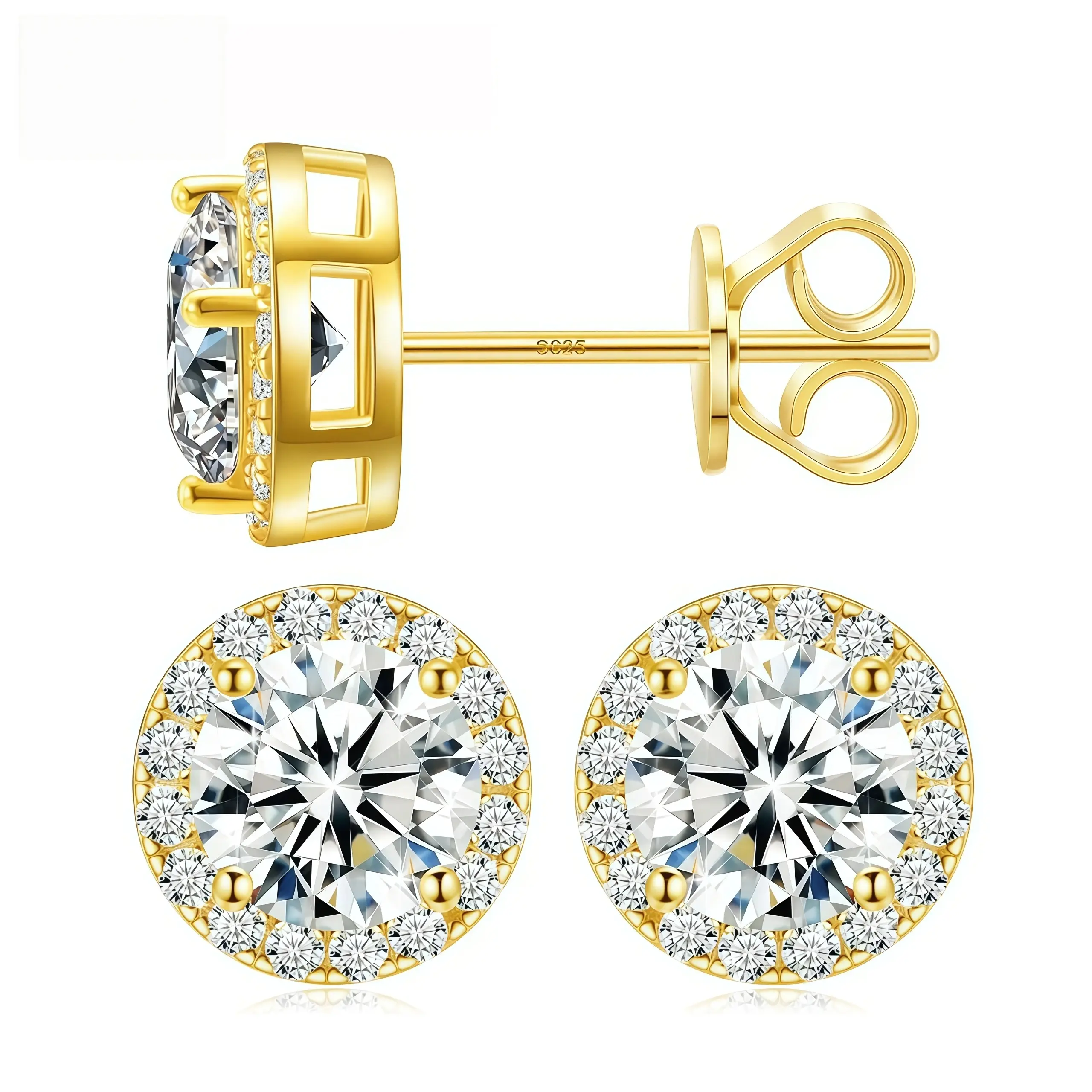 【2026 TREND ALERT】S925 Sterling Silver 18k Gold-Plated Lab-Created Moissanite Halo Stud Earrings, Solid Setting, Ideal Gift for Women's Birthday & Wedding Jewelry