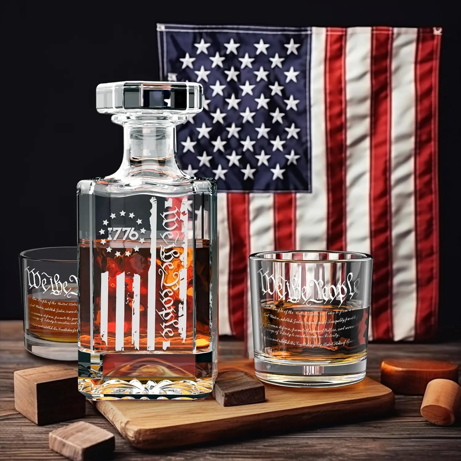 250th edition Sturdy Thick Whiskey Decanter Set - 2 Heavy Base Glasses, Square Stopper, Laser Etch Design, Kitchenware Bar Set, Bar & Wine Utensils, Patriotic Gift for Dad & Brother, Birthday Present