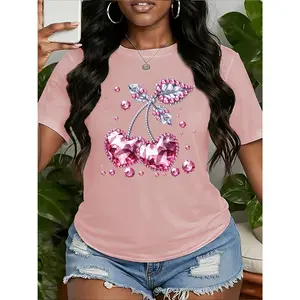 Women's short-sleeve top with pink diamond cherry leaf print in a light luxury jewelry style, round neck, machine washable, comfortable, soft, breathable, suitable for spring, summer, and autumn. New recommended style, loose, casual, trendy, fashionable