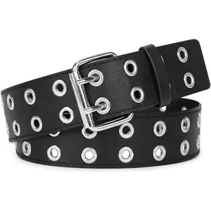 Double Grommet Belt PU Leather Punk Belt for Women Men Jeans 2 Hole Belts 1.5 Wide