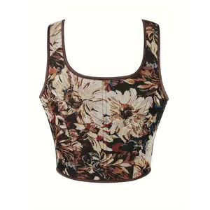 Breathable Comfort Polyester Corset Top - Floral Pattern Vintage Court Style Bodice with Adjustable Straps - Woven Tight-Fitting Shapewear with Waist Cincher Detail Women