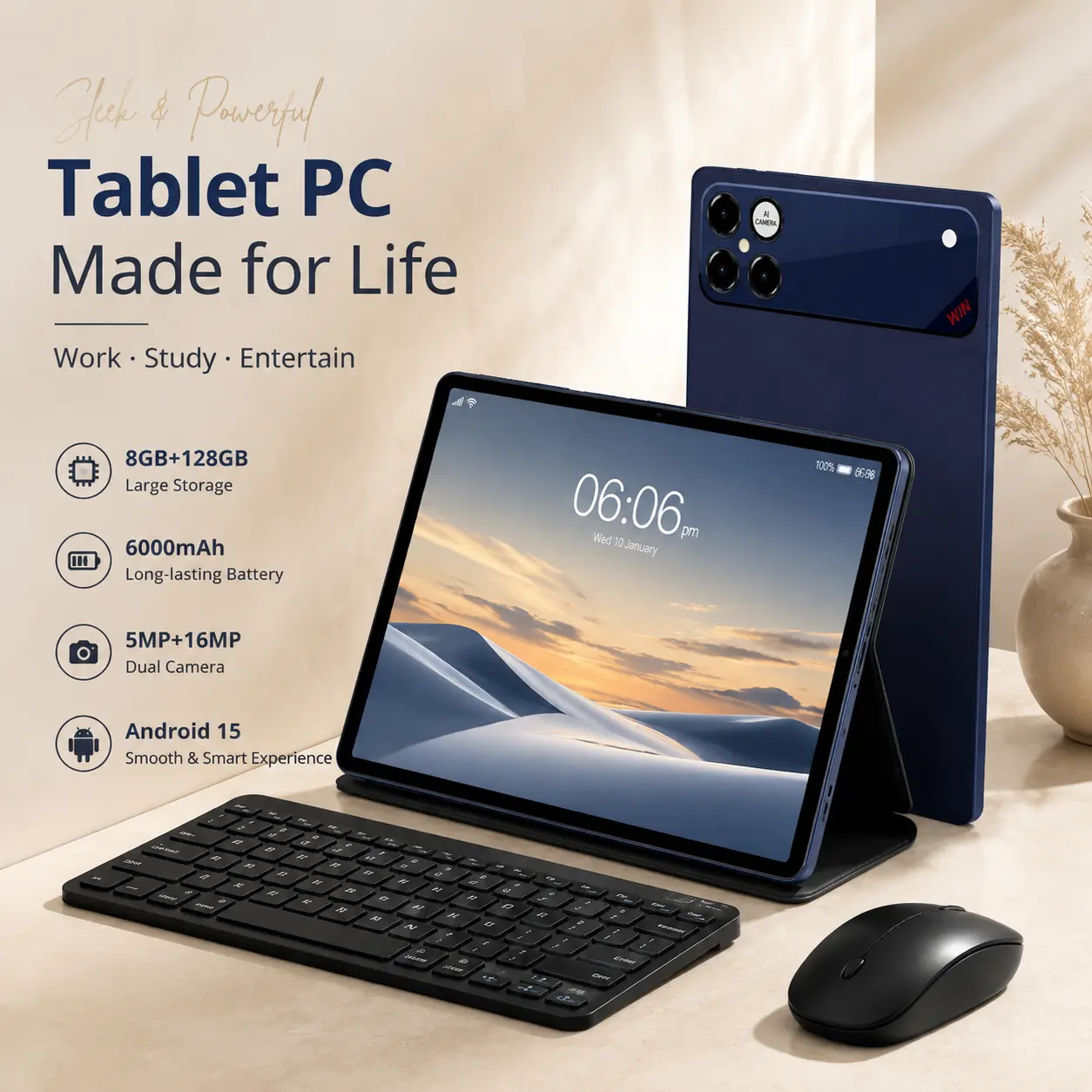 2026 New 10.1-in 2-in-1 Android 15 Tablet Smartphone, 8GB RAM, 128GB Storage (Up to 1TB SD Slot Expansion), Multi-Core Processor, 1280x800 LCD Touchscreen, Wi-Fi, 5MP+16MP Dual Cameras, 6000mAh Battery, USB Port, Gaming Device