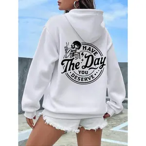 Women's Plain Pocket Skull Pattern Drawstring Hoodie, Korean Style Casual Fashion and Warm Long Sleeve Sweatshirt for Ladies