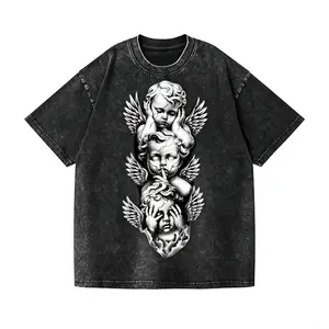 See No Hear No Speak No Evil Cherub Tattoo Print Distressed Washed Tee, Retro Chicano Aesthetic Loose Heavy Cotton Tshirt for Daily Hip Hop Street Outfit