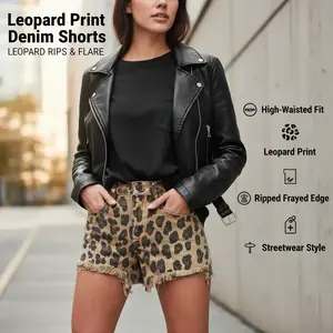 Women's High-Waisted Denim Shorts 2026 Summer New Vintage Leopard Print Ripped Frayed Plus Size Above Knee Casual Streetwear Clothes for Womenswear Bottom Gamis Streetwear summervibes