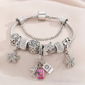 Travel Wanderlust Charm Bracelet, Airplane & Suitcase Pendants, Silver Plated, Adjustable Fit, Vacation Vibe Jewelry