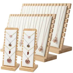 Necklace Display Stands For Selling 4-Piece Necklace Display Set – Bamboo Jewelry Organizer with PU Leather Panels,Multi-Tiered Design