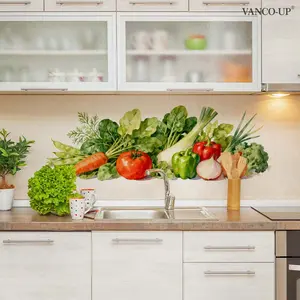 A 2D pastoral style kitchen wall sticker featuring carrots, tomatoes and other fruits and vegetables, size 30*90cm, Home Decor, self-adhesive wall sticker, refrigerator door sticker for background decoration and beautification, M20890-KR