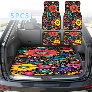 1 Set of 5pcs Stylish Choice Colorful Petals Print Car Print Floor Mats Trunk Mat Suitable for Cars SUVs and Trucks Heavy Duty Protection Ideal for Gifting or Personal Use
