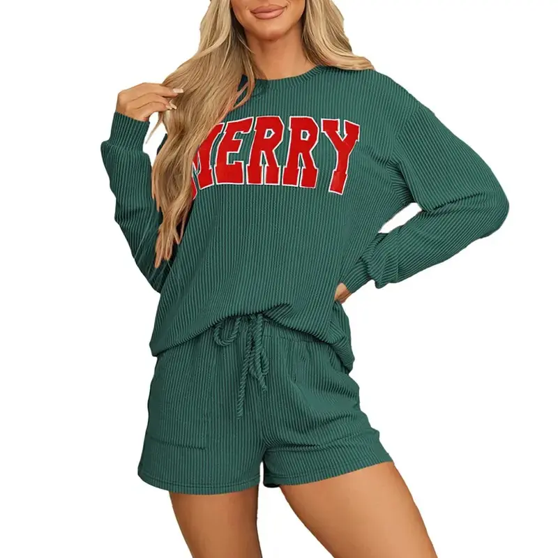 Womens MERRY Graphic Christmas Two Piece Set Christmas Outfit Corduroy Corded Long Sleeve Top and Shorts Winteroutfit Matching Set Comfort Fabric