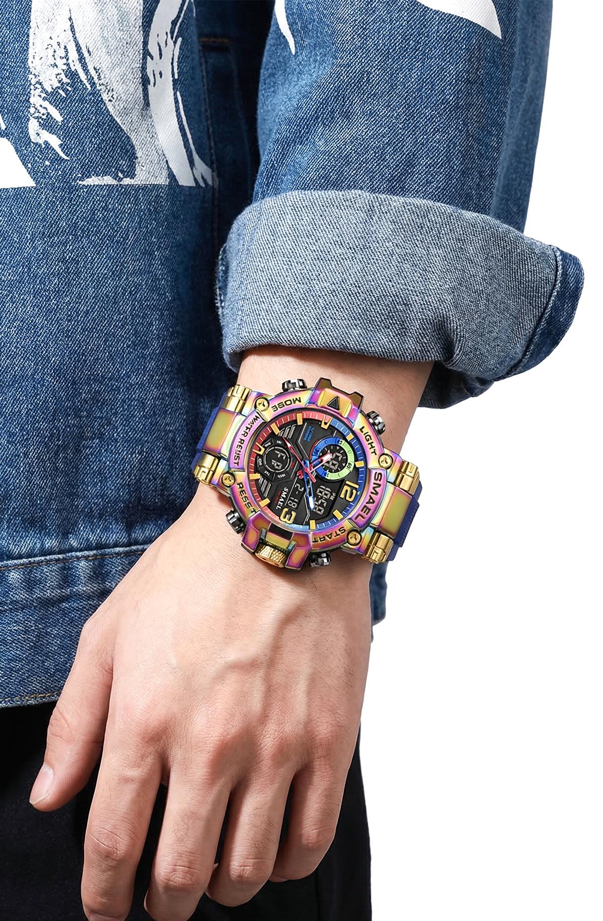 Men's Colorful Punk Style Quartz Watch, Jumpstart saleMulti.Functional Waterproof Dual Display Wristwatch,Tren, sportive analog-digital quartz watch, Birthday Giftwith Gift Boxfashionable wristwatch multifunctional men