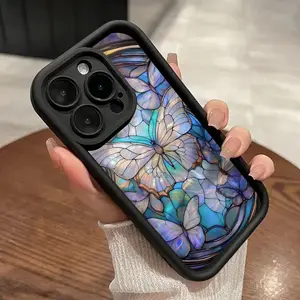 Stained Glass Butterfly Aesthetic Print Pattern TPU Phone Case for iPhone 16 15 14 Pro Max 13 12 11 XR XS Plus Shockproof Non Slip Military-Grade Protection Silicone Cover Cellphone Protective