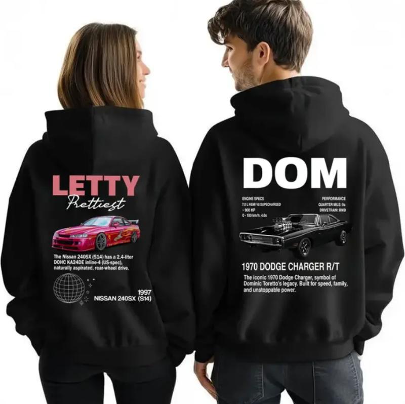 2 Sided Letty And Dom Car Lover Couple Matching Shirts, 2 Sided Letty And Dom Car Lover Couple Matching Sweatshirts, Couple Hoodies, His And Her Matching Cars Movie