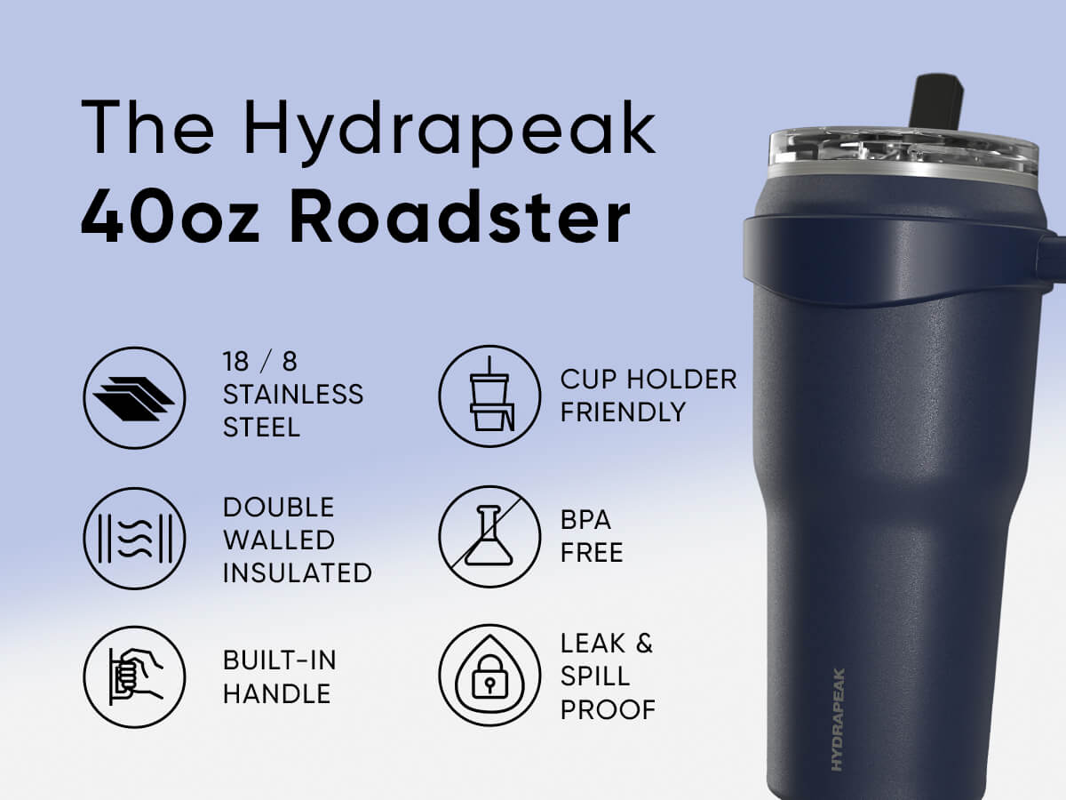 Hydrapeak Roadster 40oz Tumbler with Flip Up Sip & Straw - Insulated Water Bottles, Rubber Bottom, Stainless Steel Drinkware, Leak Proof Portable Travel Flask