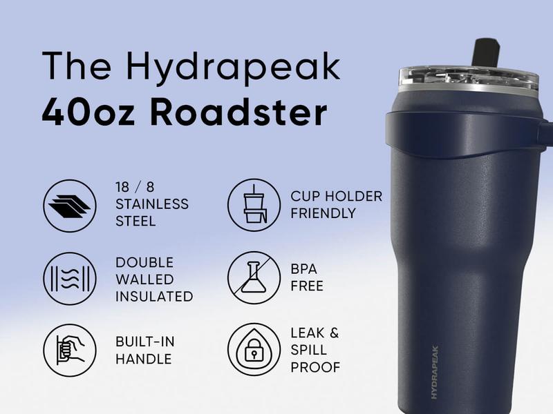 Hydrapeak Roadster 40oz Tumbler with Flip Up Sip & Straw - Insulated Water Bottles, Rubber Bottom, Stainless Steel Drinkware, Leak Proof Portable Travel Flask
