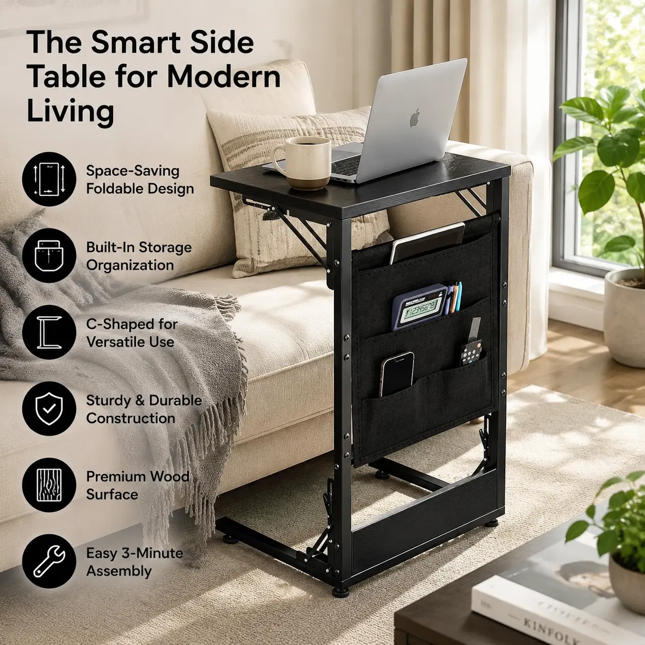 28.8 Inch Folding C-Shaped Side Table with Storage Bag, Heavy Duty Metal Frame Slide Under Sofa TV Tray, Portable Couch Bed Side Desk, Multipurpose End Table for Living Room Bedroom Home Office