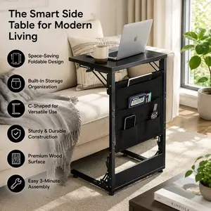 28.8 Inch Folding C-Shaped Side Table with Storage Bag, Heavy Duty Metal Frame Slide Under Sofa TV Tray, Portable Couch Bed Side Desk, Multipurpose End Table for Living Room Bedroom Home Office