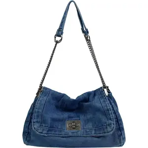 Denim Tote Bag for Women Fashion Adjustable Chain  Handbag Crossbody Bag Retro Zipper Hobo Purse