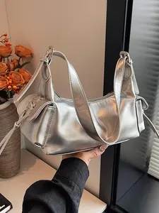 Women's Elegant Metallic Shoulder Bag, Fashionable Solid Color Crossbody Bag for Daily Used, Casual Trendy Versatile High-quality Daily Commuting Bag
