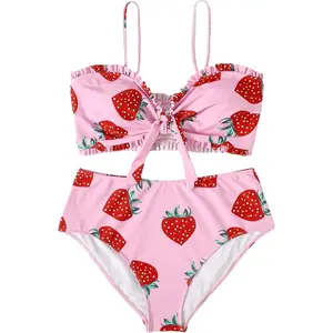 Women's Plus Size Strawberry Print 2 Piece Swimwear Knot Front Ruffle Trim Bikini Swimsuit