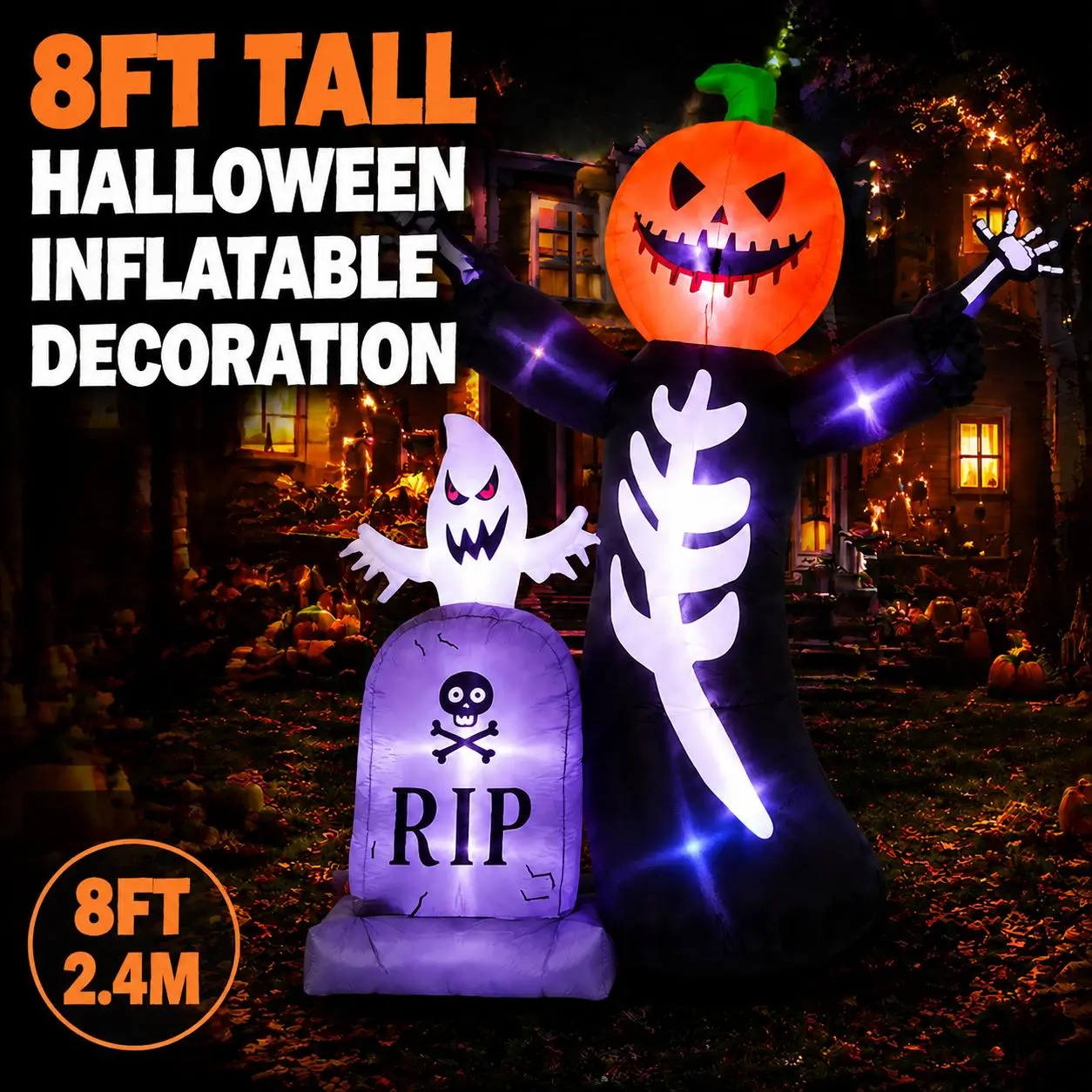 Waterproof 210T Polyester 8‑Foot Halloween Inflatable Pumpkin‑Skull RIP Tombstone, Built‑in LED Colour‑Changing Lights, Sound Effects and Blower, Outdoor Lawn Garden Haunted‑House Party Decoration