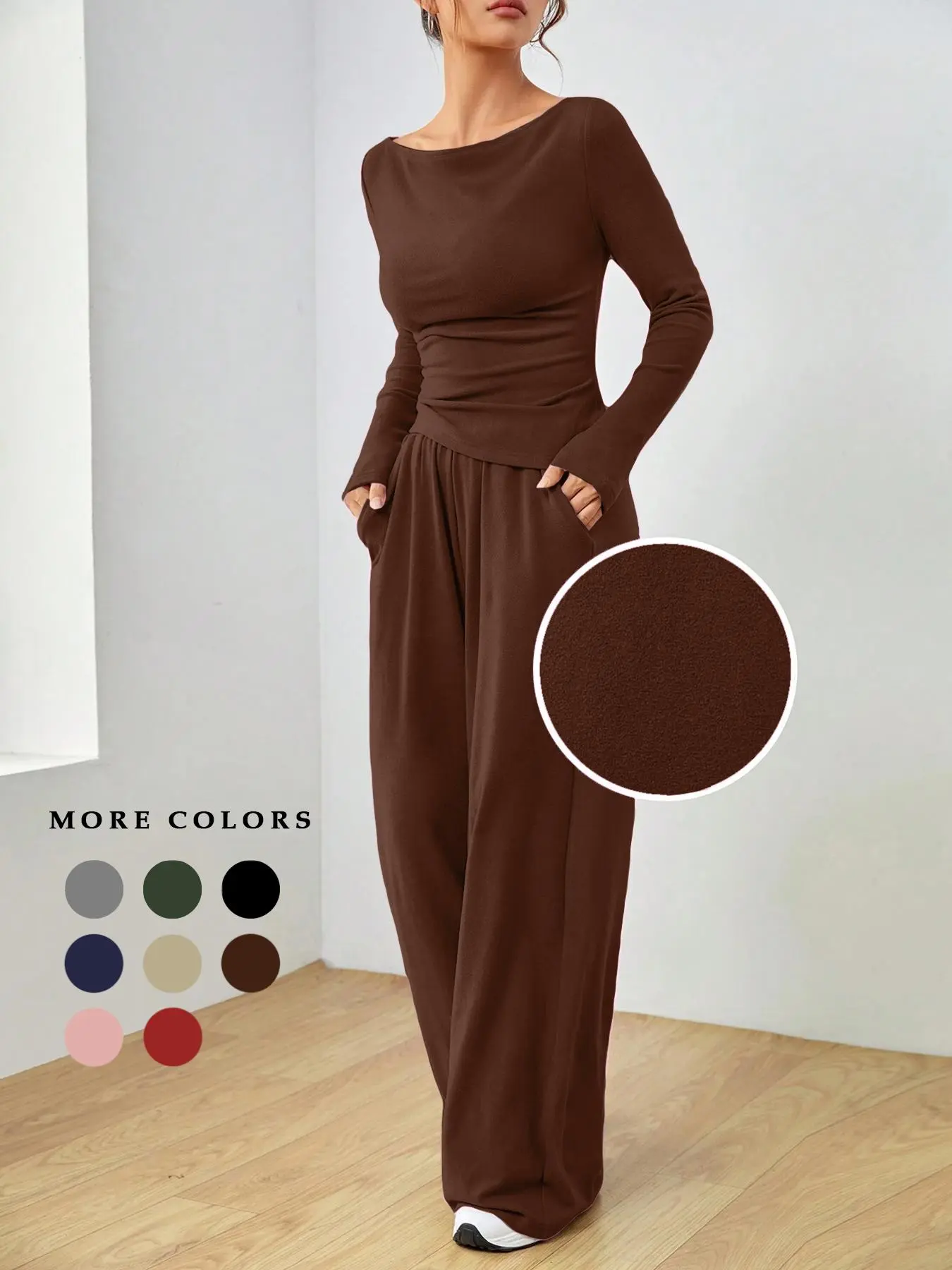Women's Solid Ruched Asymmetrical Hem Tee & Pants Matching Sets, Co Ords for Women, Casual Boat Neck Long Sleeve Fitted Top & Trousers, Women's 2 Piece Sets, Women's Spring & Fall Clothes, Womenswear, Lady, Casual Fashion Set