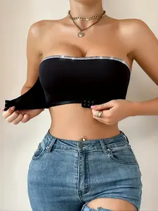Women's Front Closure Strapless Bralette, Silver Color Silk Design, Comfortable Push-Up Camisole, Elegant Underwear for Daily Wear, Strapless Bandeau, Cami Bras